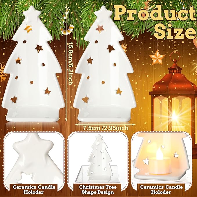 Yungyan 2 Pcs Christmas Tree Candle Holder Ceramics Christmas Tealight Holders Votive Candlestick White Xmas Tree Silhouette for Tea Light Taper Candles Table Centerpiece Home Mantel Fireplace Decor