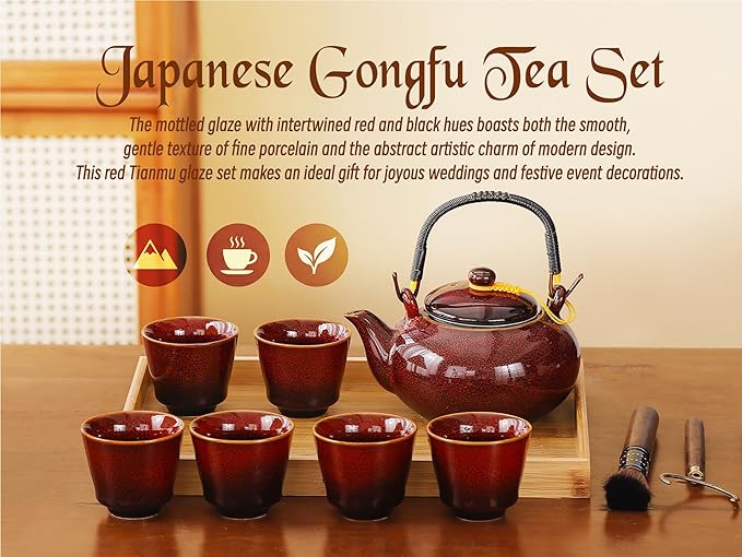 Japanese Tea Set for Adults, Porcelain Kung Fu Tea Set with 1 Teapot (23.5oz/700ml), 6 Tea Cups(4oz/120ml), Tea Tray & Stainless Infuser, Japanese Teapot Set Tea Gift Set (Kiln Altered Red)
