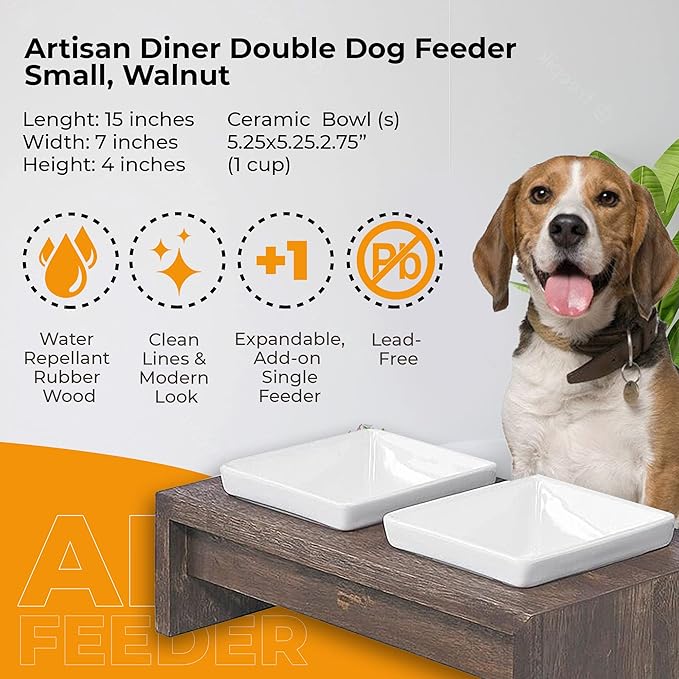 Bowsers Artisan Diner Double Dog Feeder - Handcrafted Rubberwood Frame with Square Ceramic Bowls Feeder for Dogs - Walnut, Small, 15" x 7" x 4"
