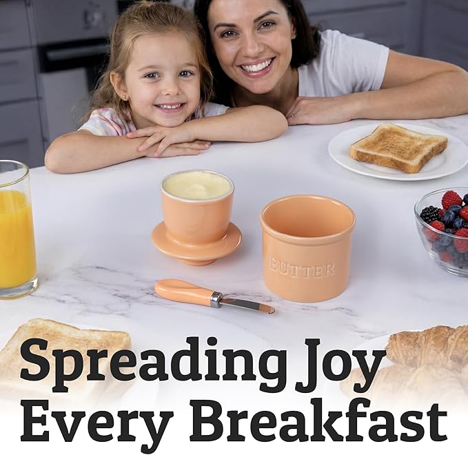 PriorityChef Butter Crock with Lid with Water Line, Ceramic French Butter Dish to Leave On Counter, Peach