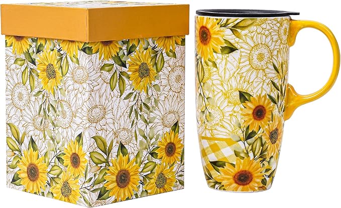 DUSVALLY Ceramic Tall Coffee Mug, Friends Coffee Cup Gift Set, Travel Mug with Lid for Office and Home, Porcelain Mug Unique Gifts for Women and Man, Color Box, 17 oz, Yellow Sunflower