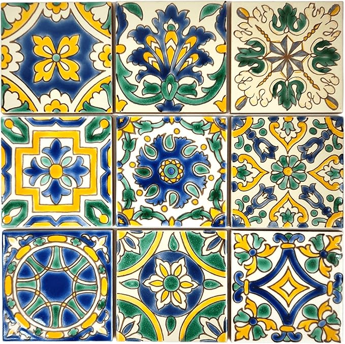 DYARI Set of 9 Decorative Ceramic Tiles – Hand Painted Indoor & Outdoor – Artisan Top Kitchen – Mediterranean Decorative 4x4 / One Tile Durable Colorful (Mediterranean, 45 Tiles (5 Sq Ft))