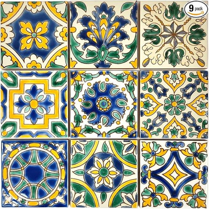 Set of 9 Decorative Ceramic Tiles – Hand Painted Indoor & Outdoor – Spanish Artisan Top Kitchen – Mediterranean Decorative Tilles 3.94x3.94 / One Tile – Durable Colorful – 140 g Each (Mediterranean)