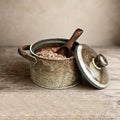 Handcrafted Speckled Ceramic Salt Cellar with Wooden Spoon, Rustic Vintage Spice Jar, Dishwasher Safe, 8.45 fl oz (Peckled Ceramic)