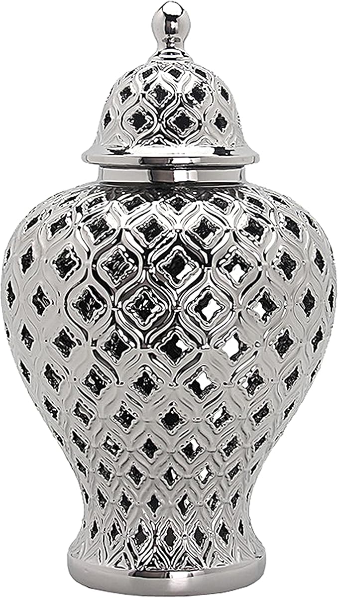 Noori Home - 100% Modern Glam Artisan Ceramic AVA Medium Silver Ginger Jar Urns with Lid 10.5x10.5x18