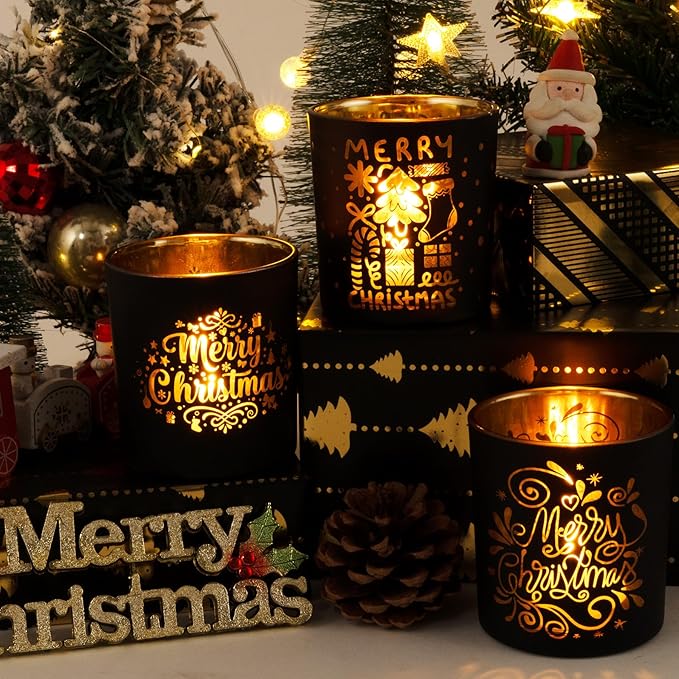 Rancco Votive Candle Holders, Christmas Black and Gold Glass Tea Light Candle Holder Set of 3, Vintage Candlesticks for Christmas Table Centerpieces, Birthday, Party, Home Tea Party Decor
