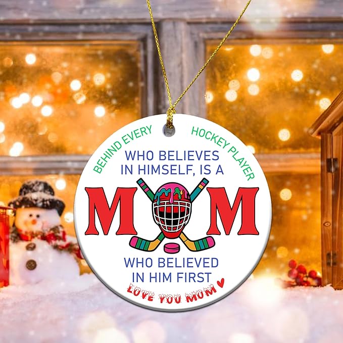 Ice Hockey Mom Ornament -Round Ceramic 3", Holiday Christmas Tree Decoration Keepsake, Hockey Mom from Son Daughter