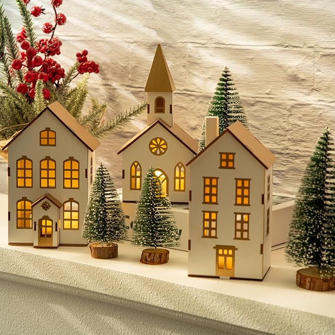 7 Pcs Christmas Village Figurines Sets - 3 LED Lighted Houses with Remote Control & 4 Trees - Christmas Decorations Indoor - Xmas Holiday Farmhouse Rustic Decor for Table Room