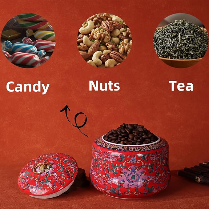 Handmade Chinoiserie Enamel Ginger Jar with Lid,Decorative Storage Jar for Loose Tea,Nuts & Snacks,Ceramic Vase Style Home Decor Canister,Colorful Jar for Kitchen,Living Room (Red Jar)
