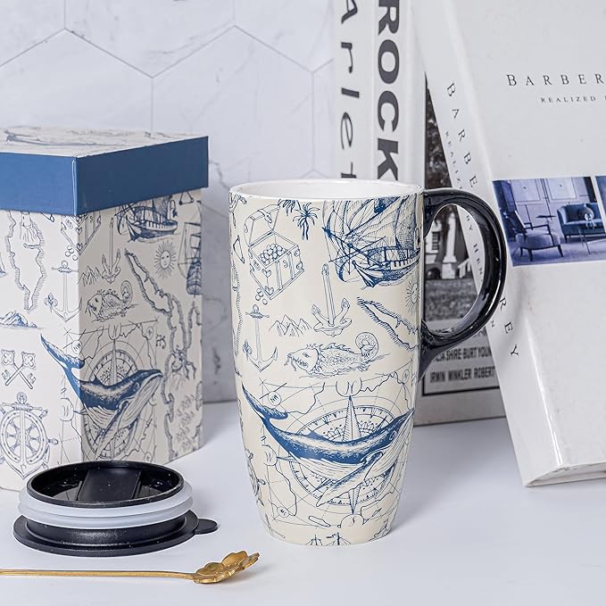 DUSVALLY Ceramic Coffee Mug, Porcelain Tea Cup with Handle for Office and Home, Unique Gifts for Women and Man, Color Box, 17 Oz, Flower Mug