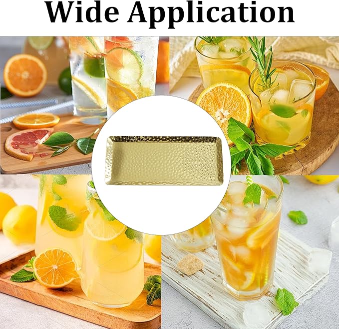 10x4inch Hammered Rectangular Tray, Stainless Steel Decorative Serving Tray, Gold Platter for Kitchen, Bathroom, Bar, Vanity Storage