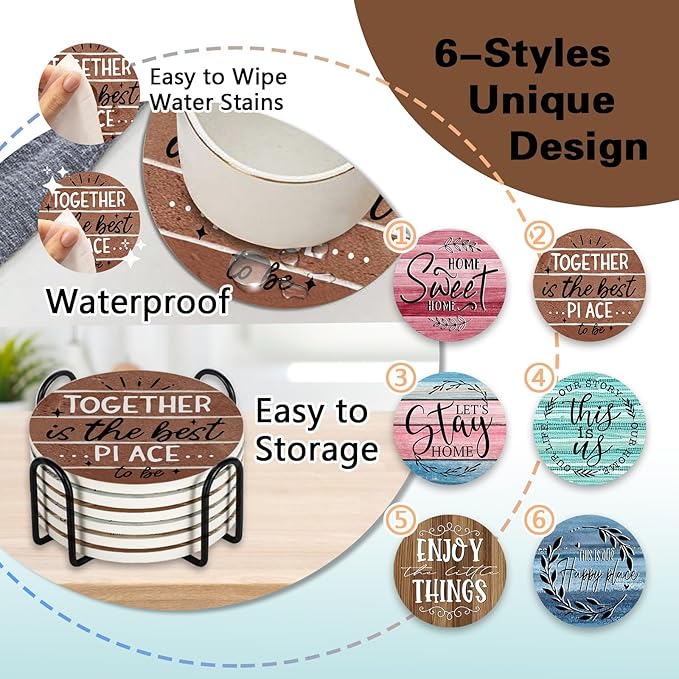 Housewarming Gifts for New Home Ceramic Coasters with Holder Set of 6, Inspirational Home Sweet Home Absorbent Drink Cup Mat for Coffee Table Protection, 4'' Farmhouse Family Kitchen Decor