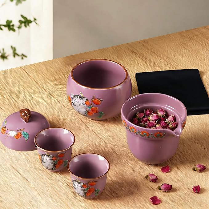 Mini Tea Cups,Cute Lucky Cat Cups,Small Tea Mugs,Porcelain Gongfu Tea set with 3 in 1,Tea Sets for Adults,Ceramic Tea Infuser Cup for Loose Leaf for Women/Tea Lovers/Birthday/Easter's Day (Purple)