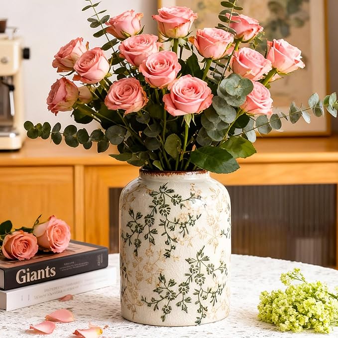 Green Chinoiserie Floral Vase, Ceramic Farmhouse Flower Vase, Creative Ice Cracked Vintage Vases for Home Decors, Cottage, Dining Coffee Table Centerpiece, Bookshelf, Tuscan Decor,8.3 Inch