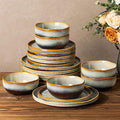 TheTerra Ceramic Dinnerware Sets for 6, 18 Pieces Handmade Reactive Glaze Plates and Bowls Sets, Scratch Resistant Dish Set, Oven & Microwave & Dishwasher Safe, Brown Blue
