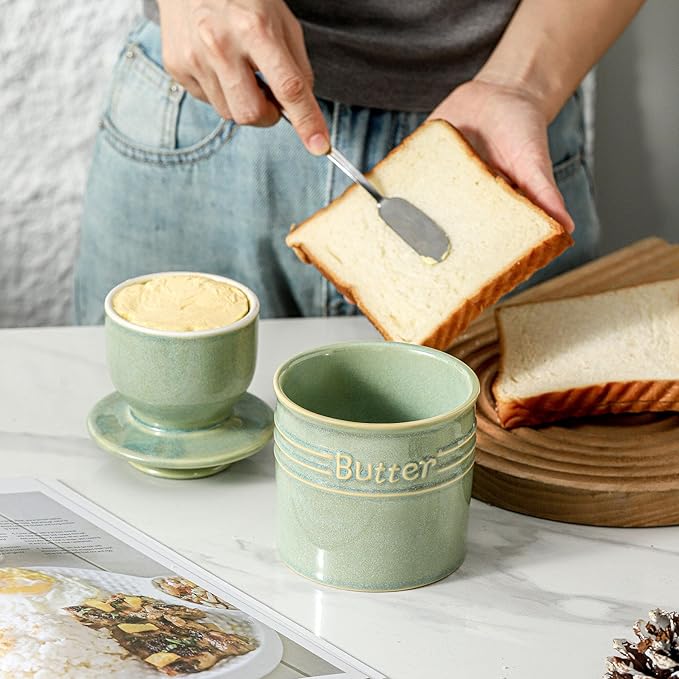HVH Ceramic Butter Crock with Water Line, French Butter Dish with Lid for Countertop, Butter Keeper for Counter, Butter Holder for Soft Butter (Turquoise, 4 x 4)