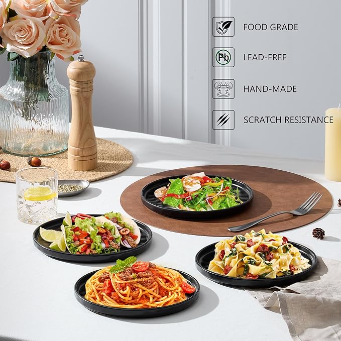LIANYU Ceramic Dinner Plates Set for 4, 7.9In Porcelain Kitchen Salad Dessert Serving Dishes Set, Modern Round Stoneware Dinnerware Appetizer Plates, Scratch Resistant & Microwavable, Obsidian Black