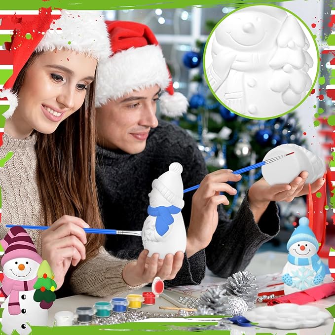 Eersida 6 Sets Winter Ceramics to Paint Ready to Your Own Ceramic Snowman Statues DIY Unpainted Paintable Winter Figurines Kit Crafts with Brush Palette for Christmas DIY