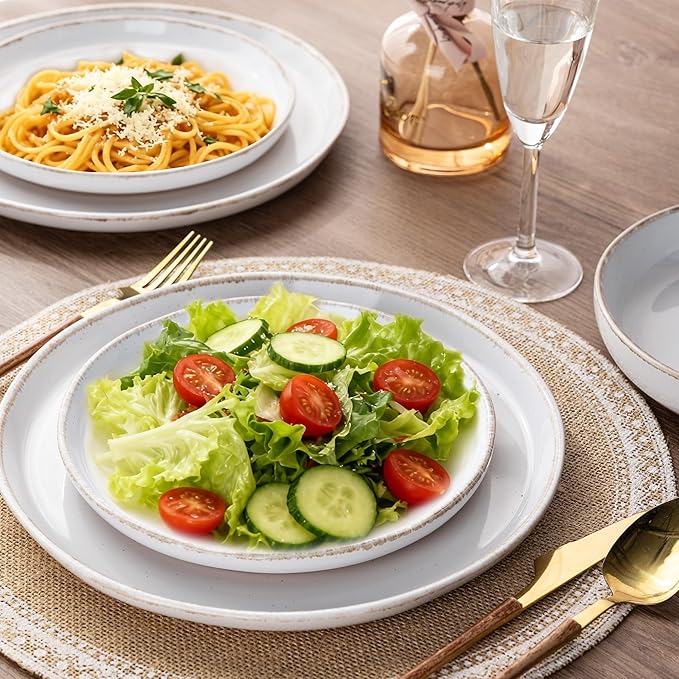 AmorArc 24 Pieces Ceramic Dinnerware Sets for 8, Handpainted Stoneware Plates and Bowls Set with Rustic Terracotta Underside, Scratch Resistant Dishes Set, Dishwasher & Microwave Safe, White