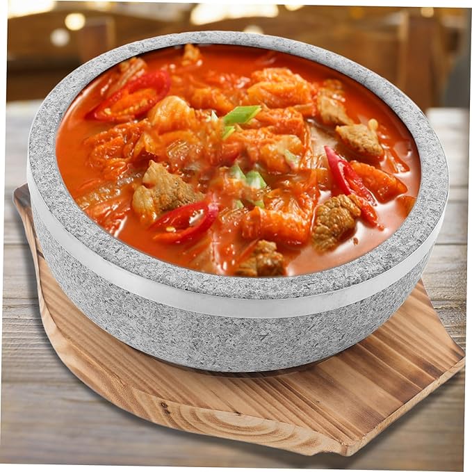 1set Korean Stone Pot - Natural Stone Bowl for Authentic Dishes No Coating Wood Base for Bibimbap Soup and Stews