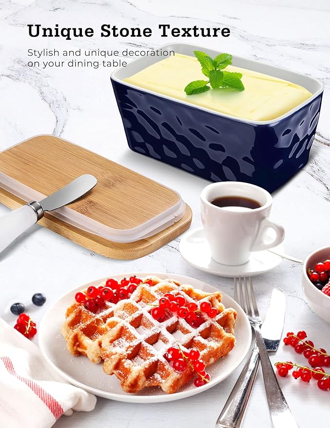 Butter Dish with Lid: Large Butter Dish for Countertop - Ceramic Butter Container with Knife Double Silicone Seal - Unique Stone Butter Dishes with Covers for Farmhouse Kitchen Decor Home Decor Blue
