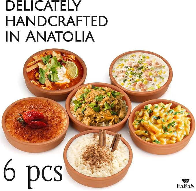 Hakan Hitit Clay Bowl Set of 6, Terracotta 4.5-inch Bowls, 8.5 Oz Glazed Inside Ancient Pottery, Cooking Clay Bowls in Box, Turkish Clay Yogurt Pots, Earthenware for Mexican Dishes, 6 Pcs, 250 cc
