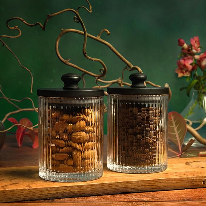 Mason & Fable Ribbed Glass Bathroom Jars | Set of 2 Farmhouse Style Storage Canister with Airtight Black Wooden Lids | Cotton Pad/Swab/Q tip Holder/Bath Salt/Clear Vanity