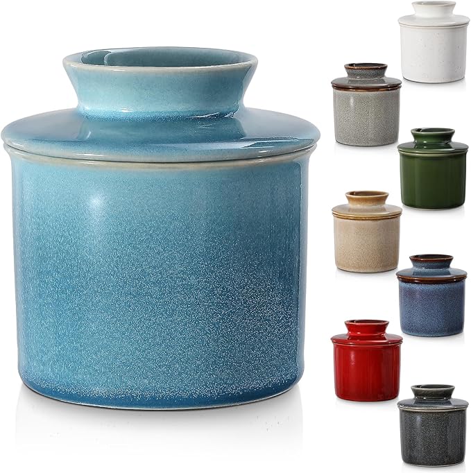 Peacock Blue French Butter Dish,Handmade Reactive Glaze Ceramic Butter Crock with Water Line for Speradable Fresh Butter