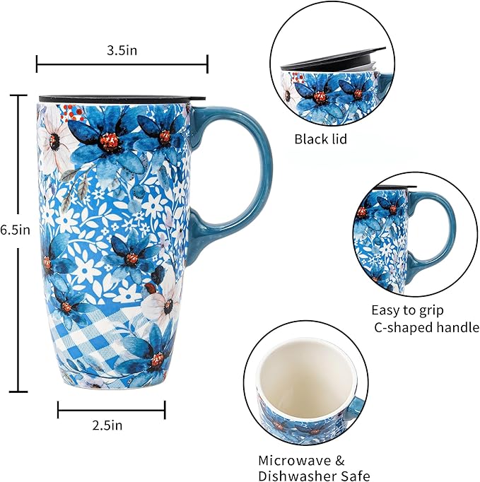 DUSVALLY Ceramic Tall Coffee Mug, Friends Coffee Cup Gift Set, Travel Mug with Lid for Office and Home, Unique Gifts for Women and Man, Flower Mug, Color Box, 17oz Large Cup, Blue