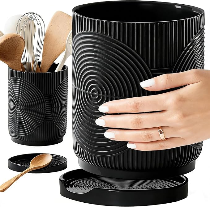 Utensil Holder, 7.2" Kitchen Utensil Holder for Counter, 2-in-1 Ceramic Cooking Utensils Holders with Spoon Rest, Utensil Crock for Spatula, Ideal Housewarming Gift (Black)