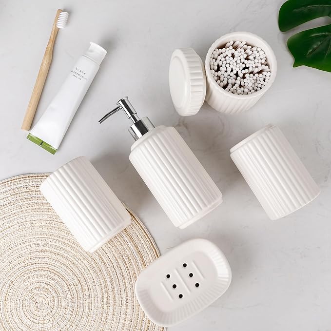 White Bathroom Accessory Set 5PCS, Ceramic Bathroom Accessories Set, Classic Design Bathroom Accessories Sets Complete, Home Apartment Modern Bathroom Decor Vanity Countertop, ANTIS'S HOME