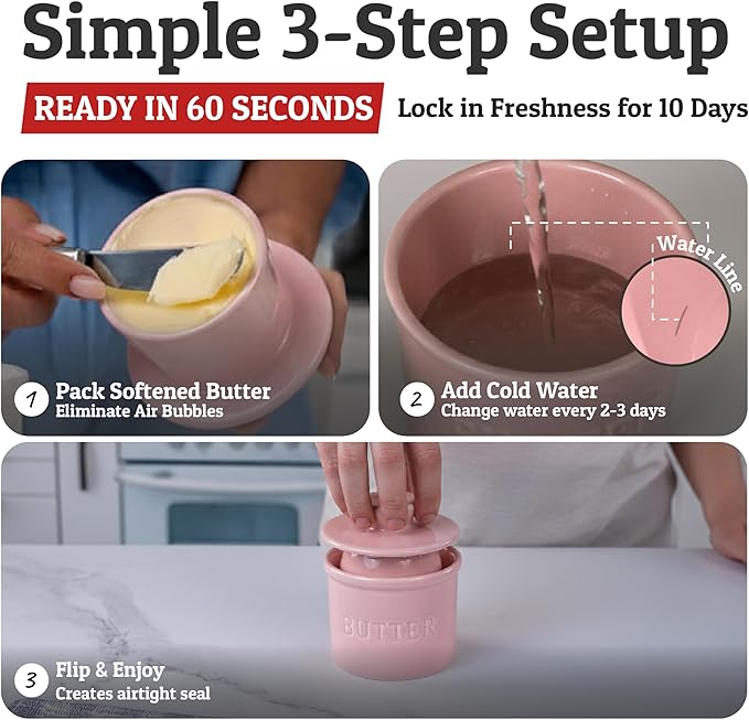 PriorityChef Butter Crock with Lid with Water Line, Ceramic French Butter Dish to Leave On Counter, Pink
