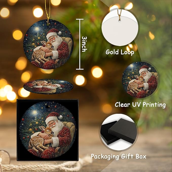 Vintage Christmas Santa Deer Ceramic Ornament Gifts, Rustic Winter Christmas Decorative Hanging Ornaments for Xmas Tree Holiday Party Decoration, Santa Deer Xmas Tree Decorations