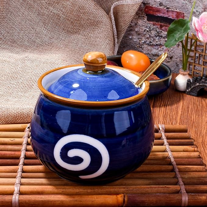 Blue Ceramic Sugar Jar with Lid & Golden Spoon - 10.8oz Airtight Kitchen Storage Canister for Coffee Tea Spices Baking Essentials Elegant Tabletop Decor or Gift Idea (1.35 Cup Capacity)