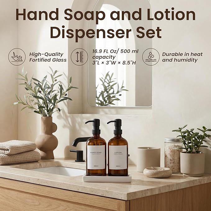 MaisoNovo Soap and Lotion Dispenser Set - Bathroom Soap Dispenser Set with Amber Glass Soap Dispenser, Black Pumps & Ceramic Tray
