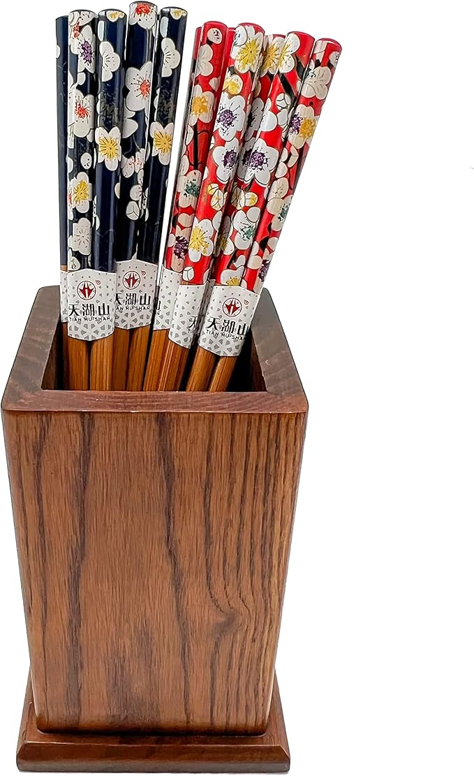 10 Pairs Reusable Bamboo Chopsticks, Spring Blooming Sakura Pattern Natural Bamboo Wood Chopsticks, 8.8Inch/22.5cm Polybag packing by LANHUTHS