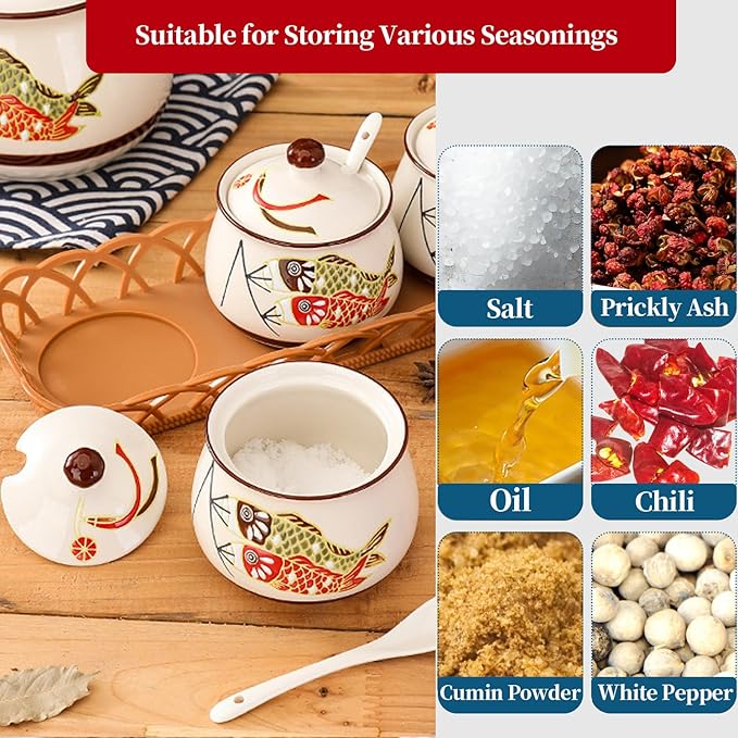 Kitchen Ceramic Condiment Jars with Lids and Spoons, 3 Piece Porcelain Seasoning Jar Set for Salt Spice Pepper Suger Bowl, Coffee Tea Container Pot with Serving Tray - Japanese Koinobori