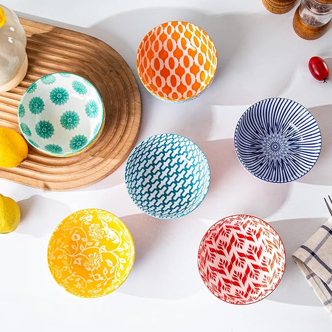 Ceramic Dessert Bowls Set - Small 11 Oz Porcelain Ice Cream Bowls for kitchen - 4.7 Inch Cereal Bowls for Salad, Fruits - Microwave Dishwasher Safe - Set of 6 - Assorted Colors