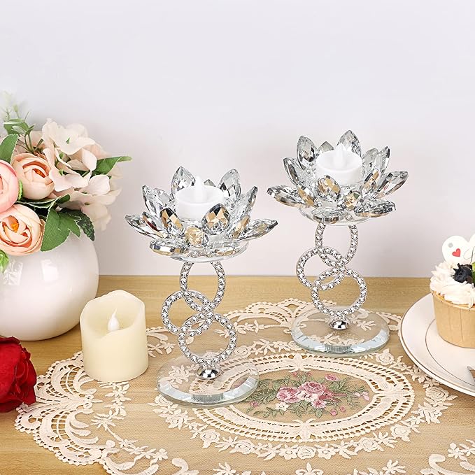 OwnMy Set of 2 Crystal Lotus Flower Candlestick Holders Metal Glass Lotus Pillar Candle Holders, Silver Crystal Lotus Votive Candlesticks Tealight Candle Stands for Wedding Table Centerpiece, 6.1" H