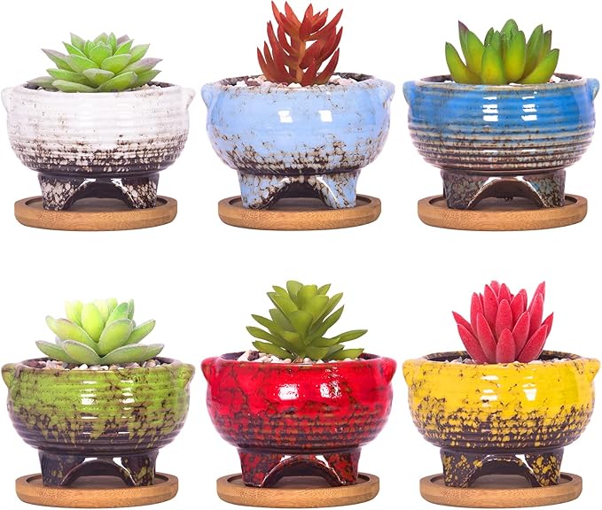 ARTKETTY Succulent Pots - 4 Inch Small Succulent Plant Pots with Drainage Tray Set of 6, Ceramic Pots for Indoor Plants Colorful Cactus Flower Pot for Garden Home Decor