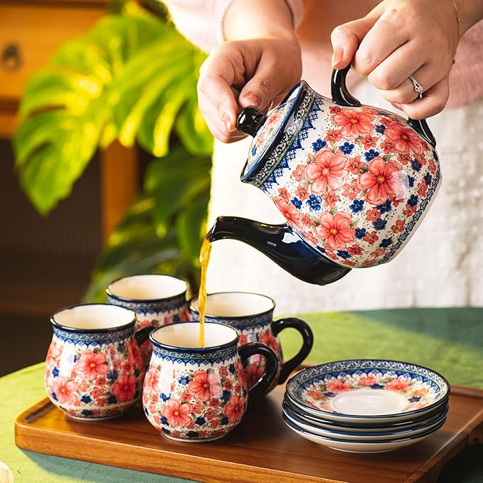 polish pottery style porcelain ceramic 10 piece Tea set,7.2oz tea cup and sauce set of 4,28.2oz teapot and 1wooden tray (Snow and Plum)