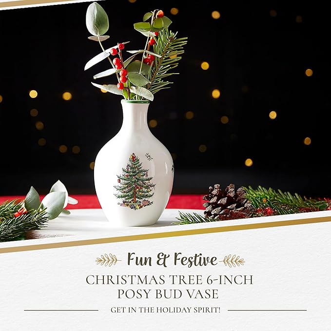 Spode Christmas Tree 6" Posy Vase - Elegant Ceramic Flower Vase, Holiday Centerpiece for Floral Arrangements & Home Decor - Beautiful Handcrafted Accent for Festive Decorations