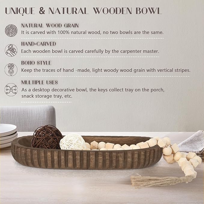 Oakrain Wooden Decorative Bowl for Home Decor, 16" Rustic Dough Bowl with Hand Carved Vertical Stripes, Long Wood Tray for Table Centerpieces, Brown