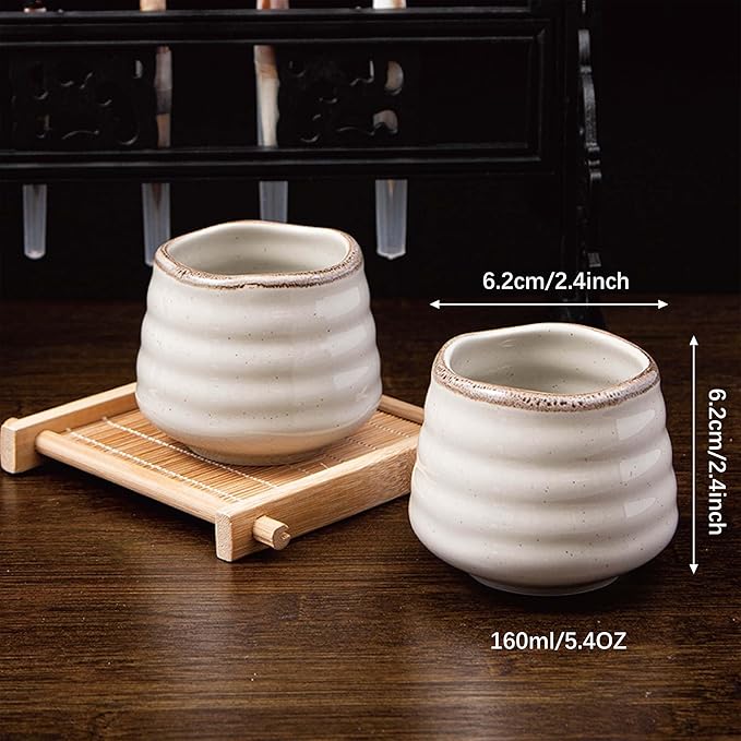 4pcs Japanese Tea Cup Set – 160ml 5.4OZ Ceramic Matcha Cup, Small Handless Espresso Cups, Cute Coffee Mugs for Valentine (Retro Grey)