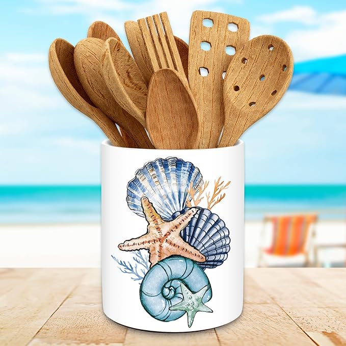 JarThenaAMCS Summer Coastal Ceramic Utensil Holder Starfish Seashell Utensil Crock for Beach Home Kitchen Countertop Storage Organizer Container