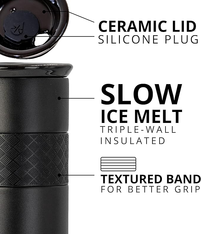 Elemental Personalized Artisan Insulated Tumbler, Triple Wall Coffee Travel Tumbler, Reusable Stainless Steel Coffee Tumbler with Ceramic Lid, Thermal Coffee Cup for Hot & Cold 16oz - Matte Black