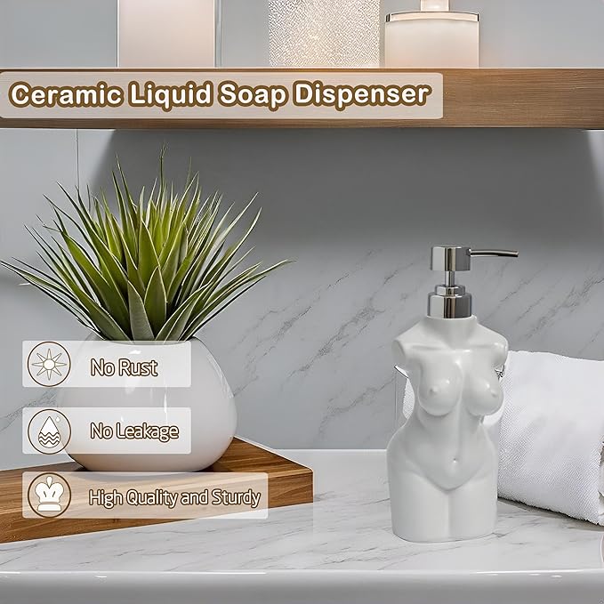 Ceramic Girl Soap Dispenser,Lotion and soap Dispenser Refillable Liquid Hand Soap Dispenser for Bathroom and Kitchen (White)