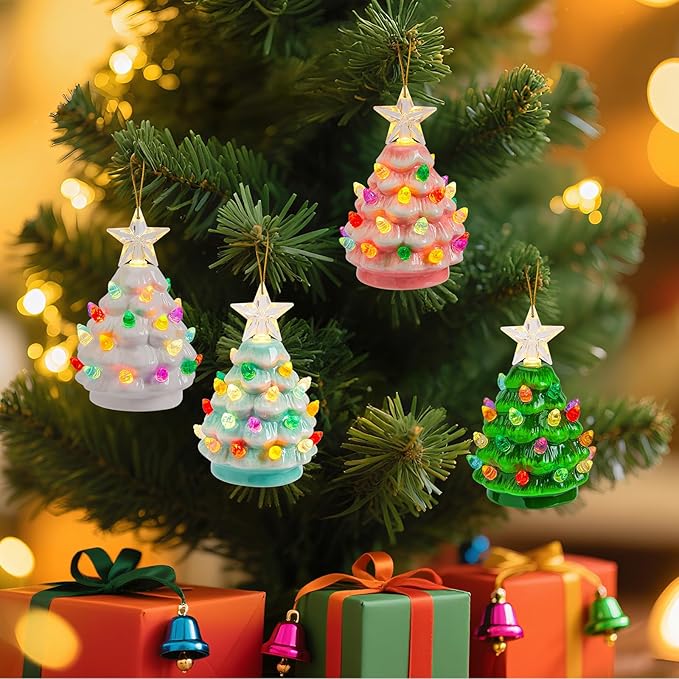 Brightown 4.3 Inch Mini Ceramic Christmas Tree Set - 4 Pack Tabletop Christmas Tree with Multicolored LED Lights, Battery Operated Small Lighted Tree for Home Office Table Holiday Decor, 4 Colors