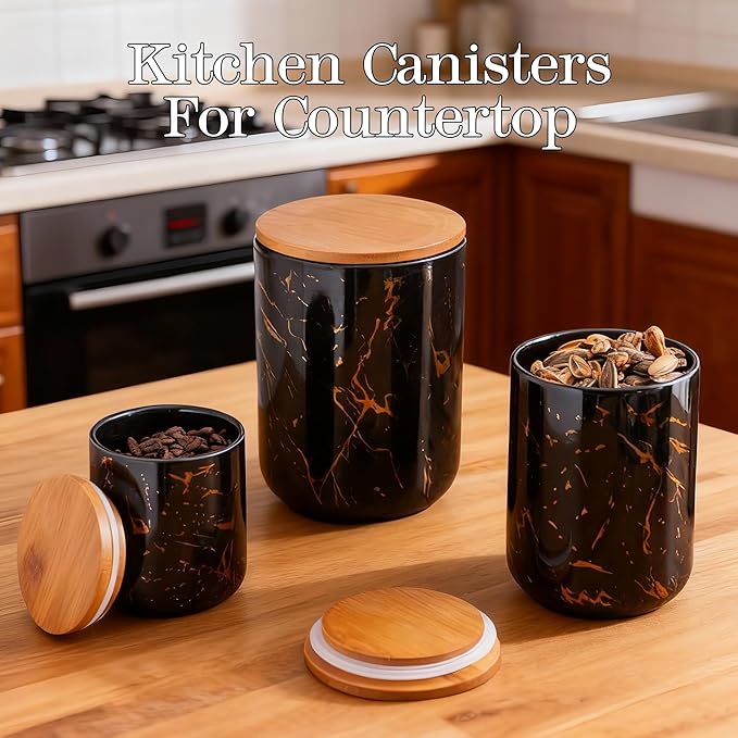 JOJUNO Black Ceramic Canister Set with Bamboo Lid – 3-Piece Airtight Food Storage Jars for Kitchen Counter – Glossy Marble Design, Ideal for Flour, Sugar, Coffee, Tea, Spice – Small, Medium, Large