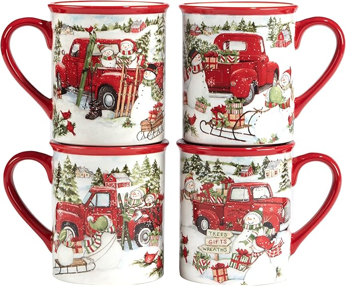 Red Truck Snowman 16pc Ceramic Dinnerware Set, Service for 4 – Bring holiday cheer to every meal with festive red trucks, snowmen, and trees, perfect for holiday gatherings and winter entertaining